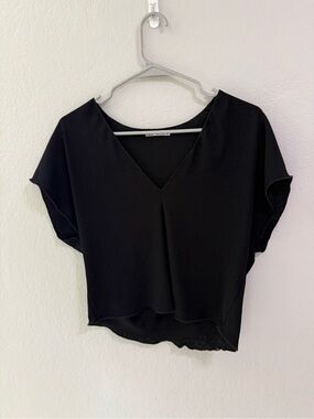 Zara Black Ribbed V Neck Cropped Top Short Sleeve Stretch Size S